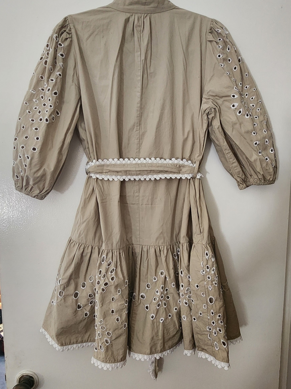 Christian Lacroix Beige Eyelet Embroidered Cotton Dress with White Trim - Picture 2 of 4